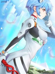 Rule 34 | 1girl, arm at side, artist name, ass, ayanami rei, bad id, bad twitter id, blue hair, bodysuit, bracer, breasts, cowboy shot, damda, day, expressionless, eyelashes, from side, gloves, hair between eyes, hand to head, hand up, headgear, holding, holding polearm, holding spear, holding weapon, impossible bodysuit, impossible clothes, interface headset, legs together, looking away, medium breasts, neon genesis evangelion, outdoors, pilot suit, plugsuit, polearm, profile, pyramid (structure), red eyes, short hair, skin tight, solo, spear, standing, turtleneck, weapon, white bodysuit, white gloves