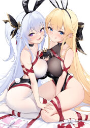 Rule 34 | &gt; &lt;, 3girls, :q, absurdres, animal ears, bare shoulders, between breasts, black bow, black leotard, black ribbon, blonde hair, blue eyes, blush, bow, breast press, breasts, commentary request, crown, fake animal ears, hair between eyes, hair bow, hair ribbon, highleg, highleg leotard, highres, k.t.cube, large breasts, leotard, long hair, looking at viewer, mini person, minigirl, multiple girls, no shoes, open mouth, original, pantyhose, playboy bunny, purple eyes, rabbit ears, rabbit tail, red ribbon, ribbon, side ponytail, sitting, smile, symmetrical docking, tail, tongue, tongue out, white hair, white pantyhose