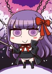 Rule 34 | 1girl, april fools, bb (fate), bb (fate/extra), blunt bangs, blush stickers, chibi, fate/grand order, fate (series), gloves, hand on own hip, holding, holding pointer, long hair, long sleeves, official art, panties, pantyshot, pointer, purple eyes, purple hair, riyo (lyomsnpmp), solo, standing, underwear, very long hair, white gloves