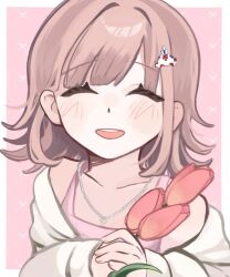 1girl :d blush brown_hair collarbone danganronpa_(series) danganronpa_2:_goodbye_despair facing_viewer flower galaga hair_ornament heart heart_necklace highres holding holding_flower jacket jewelry medium_hair nanami_chiaki necklace official_alternate_costume open_mouth pink_background pink_eyes pink_flower pink_shirt shirt smile solo suika_umasugi teeth upper_teeth_only white_background white_jacket