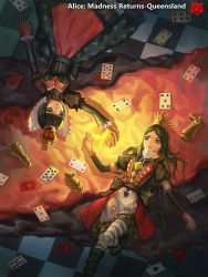 Rule 34 | ace (playing card), ace of spades, alice: madness returns, alice (alice in wonderland), alice in wonderland, alice liddell (american mcgee&#039;s alice), american mcgee&#039;s alice, american mcgee's alice, apron, black hair, blunt bangs, card, chess piece, commentary, copyright name, dress, green eyes, highres, jewelry, jupiter symbol, long hair, multiple girls, necklace, pantyhose, playing card, queen of hearts (alice in wonderland), shui qian he kafei, spade (shape), striped clothes, striped legwear, striped pantyhose