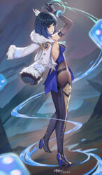 Rule 34 | 1girl, absurdres, arm up, ass, black pantyhose, black thighhighs, blue eyes, blue hair, breasts, clothing cutout, coat, coat on shoulders, fur-trimmed coat, fur trim, genshin impact, god hunter, high heels, highres, looking at viewer, looking to the side, medium breasts, pantyhose, short hair, sideboob, solo, thighhighs, yelan (genshin impact)