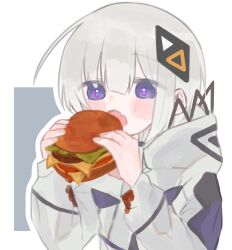 Rule 34 | 1girl, blue pupils, blush, burger, cevio, commentary, diamond hair ornament, eating, fang, faoru ofuton, food, food on clothes, grey background, hands up, highres, holding, holding food, hood, hood down, hooded jacket, imminent bite, jacket, kafu (cevio), kamitsubaki studio, long sleeves, looking at food, messy, multicolored clothes, multicolored eyes, multicolored jacket, open mouth, pink eyes, purple eyes, skin fang, solo, two-tone background, upper body, white background, white jacket