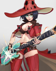 Rule 34 | 1girl, absurdres, black hair, boots, breasts, cleavage, electric guitar, fingerless gloves, glasses, gloves, green-tinted eyewear, green-tinted glasses, guilty gear, guilty gear strive, guitar, hat, heterochromia, highres, i-no, instrument, jacket, large breasts, luxpineapple, music, playing instrument, red jacket, red thighhighs, short hair, showgirl skirt, sunglasses, thigh boots, thighhighs, tinted eyewear, venus symbol, witch hat
