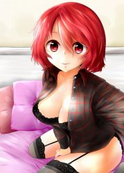 Rule 34 | 1girl, bad id, bad pixiv id, bed, black thighhighs, blouse, bra, breasts, cleavage, garter belt, horikawa raiko, kaisenpurin, large breasts, looking at viewer, maccosyoi, plaid, plaid vest, red eyes, red hair, shirt, short hair, smile, solo, thighhighs, touhou, underwear, vest