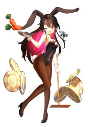 Rule 34 | 1girl, absurdres, animal ears, black hair, black leotard, bow, bowtie, brown pantyhose, carrot, detached collar, fake animal ears, full body, highres, icenight, leotard, looking at viewer, multicolored hair, one eye closed, original, pantyhose, pink hair, playboy bunny, poker chip, rabbit ears, rabbit tail, rake, red bow, red bowtie, red eyes, simple background, solo, strapless, strapless leotard, tail, two-tone hair, white background, wrist cuffs