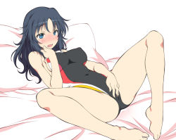 Rule 34 | 1girl, bad id, bad twitter id, barefoot, bed sheet, black one-piece swimsuit, blue eyes, blue hair, blush, breasts, competition swimsuit, covered navel, female masturbation, freckles, girls und panzer, iwami kyuuto, long hair, looking at viewer, lying, masturbation, masturbation through clothes, medium breasts, on back, on bed, one-piece swimsuit, open mouth, pillow, sexually suggestive, solo, spread legs, swimsuit, yamagou ayumi