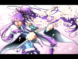 Rule 34 | 1boy, blue eyes, cherry blossoms, headphones, kamui gakupo, katana, kayu, letterboxed, long hair, male focus, open mouth, petals, ponytail, purple hair, solo, sword, vocaloid, weapon