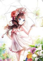 Rule 34 | 1girl, bad id, bad pixiv id, bare shoulders, birdcage, blue eyes, blush, brown hair, cage, choker, dress, flower, garter straps, glint, gloves, hair flower, hair ornament, highres, holding, holding umbrella, honnou (kjs9504), jewelry, lily (flower), necklace, original, parted lips, pearl necklace, plant, potted plant, sleeveless, sleeveless dress, solo, thighhighs, umbrella, white dress, white gloves, white thighhighs