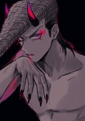 Rule 34 | 1boy, black background, black nails, blood, blood from mouth, danganronpa: trigger happy havoc, danganronpa (series), fangs, hand up, horns, looking at viewer, male focus, medium hair, mondorian, nail polish, nude, owada mondo, pink blood, pink eyes, pompadour, simple background, solo, upper body