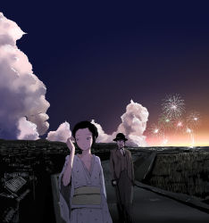 Rule 34 | 1boy, 1girl, aerial fireworks, animification, black hair, building, cane, city, cityscape, cloud, fireworks, glasses, hat, keisan, real life, rice paddy, road, scenery, sky, top hat