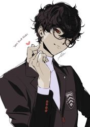 Rule 34 | 1boy, absurdres, amamiya ren, black hair, black jacket, btmr game, closed mouth, commentary request, english text, glasses, heart, highres, jacket, long sleeves, looking at viewer, male focus, one eye closed, persona, persona 5, red eyes, school uniform, shirt, shuujin academy school uniform, signature, simple background, snapping fingers, solo, upper body, white background, white shirt
