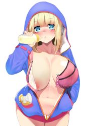 Rule 34 | 1girl, areola slip, blonde hair, blue eyes, blush, bottomless, bra, breasts, front-hook bra, gen (black factory), hood, hoodie, huge breasts, lactation, lactation through clothes, looking at viewer, navel, open bra, open clothes, open hoodie, original, solo, underwear, unfastened