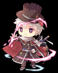 Rule 34 | 1boy, black coat, black pants, black socks, bright pupils, brown eyes, brown hat, cape, chibi, closed mouth, coat, commentary request, cross, frown, full body, hat, highres, inquisitor (ragnarok online), lightning, long sleeves, looking at viewer, magic, male focus, medium bangs, pants, ragnarok online, red cape, sample watermark, sandals, scarf, simple background, socks, solo, standing, top hat, v-shaped eyebrows, vixiq, watermark, white footwear, white hair, white pupils, white scarf