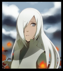 Rule 34 | 1girl, cloud, female focus, fire, fireball, fusion-s, grey eyes, hair down, hair over one eye, high collar, jacket, long hair, looking to the side, lowres, naruto: blood prison, naruto (series), naruto shippuuden, nature, no headwear, one eye covered, outdoors, parted lips, ringed eyes, ryuuzetsu, sad, sky, sleeveless, sleeveless jacket, solo, standing, very long hair, white hair