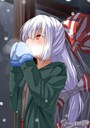 Rule 34 | 1girl, blue mittens, bow, breath, coat, colored eyelashes, commentary request, contemporary, fujiwara no mokou, green coat, hair between eyes, hair bow, long hair, mittens, ponytail, red eyes, snowing, solo, touhou, twitter username, umarutsufuri, very long hair, white hair