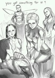 Rule 34 | 1boy, 4girls, antennae, artist request, avengers: endgame, avengers (series), breasts, captain marvel, carol danvers, english text, facing another, formal, gamora, greyscale, hand on own hip, hands on own cheeks, hands on own face, harem, hope van dyne, infinity gauntlet, insect wings, long hair, mantis (marvel), marvel, marvel cinematic universe, mature female, monochrome, multiple girls, naughty face, parted lips, peter parker, short hair, sitting, sketch, smile, source request, spider-man, spoilers, suit, text focus, wasp (marvel), wings, you gonna get raped
