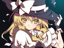 Rule 34 | 1girl, bad id, bad pixiv id, binzoko megane (san-inch), blonde hair, bow, female focus, gloves, hand on headwear, hat, hat bow, holding, holding clothes, holding hat, kirisame marisa, long hair, petals, smile, solo, touhou, upper body, white gloves, witch, witch hat, yellow eyes, yumeno mikan