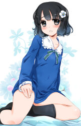 Rule 34 | 1girl, artist logo, artist name, bed sheet, black hair, blue dress, blunt bangs, blush, check commentary, commentary request, dress, floral background, flower, hair flower, hair ornament, highres, kneehighs, looking at viewer, noto (soranoto), open mouth, original, short hair, sitting, socks, wariza