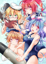 Rule 34 | 10s, 4girls, blonde hair, blue hair, book, bow, breasts, green eyes, hair bow, hat, i-168 (kancolle), i-19 (kancolle), i-58 (kancolle), i-8 (kancolle), ibuki (mao 1023), ichinose ibuki, kantai collection, large breasts, multicolored hair, multiple girls, one-piece swimsuit, personification, red eyes, red hair, school swimsuit, school uniform, swimsuit, torpedo, twintails, two-tone hair