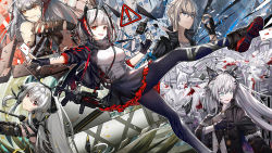 Rule 34 | 1boy, 4girls, animal ears, antenna hair, aqua eyes, arknights, bare shoulders, black footwear, black gloves, black jacket, black legwear, black skirt, breasts, brown eyes, detached sleeves, detonator, executor (arknights), executor (titleless code) (arknights), fingerless gloves, frilled skirt, frills, gloves, grenade launcher, grin, gun, high collar, highres, horns, jacket, lappland (arknights), lappland (refined horrormare) (arknights), large breasts, long hair, looking at viewer, material growth, miniskirt, multiple girls, nail polish, official alternate costume, open clothes, open jacket, oripathy lesion (arknights), outstretched arm, pantyhose, red eyes, red nails, rifle, rock, saria (arknights), saria (stronghold) (arknights), shirt, shoes, short hair, sign, skirt, smile, statue, strap, w (arknights), warning sign, weapon, weedy (arknights), white shirt, wings, wolf ears, yuuki mix