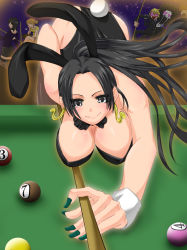Rule 34 | 2boys, 3girls, alternate hairstyle, animal ears, ball, bare legs, bent over, billiard ball, billiards, black hair, blush, boa hancock, bow, bowtie, breasts, brook (one piece), cleavage, cue stick, earrings, fake animal ears, fingernails, green nails, grey eyes, hanging breasts, heart, heart-shaped eyes, huge breasts, jewelry, leaning forward, leotard, long fingernails, multiple boys, multiple girls, nail, nail polish, nami (one piece), nico robin, one piece, open mouth, playboy bunny, ponytail, rabbit ears, rabbit tail, sanji (one piece), skeleton, smile, solo focus, symbol-shaped pupils, tail, tamo (tamokuteki kuukan), teeth, wrist cuffs