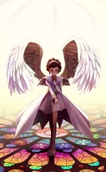 Rule 34 | 1girl, backlighting, blue eyes, braid, brown hair, capelet, choker, closed mouth, coat, creatures (company), crown braid, diantha (pokemon), feathered wings, female focus, game freak, hand up, highres, looking at viewer, miniskirt, nintendo, open clothes, open coat, pokemon, pokemon xy, ribero, shirt, shoes, short hair, skirt, solo, stained glass, straight-on, v-shaped eyebrows, white capelet, white choker, white coat, white footwear, white shirt, white skirt, white wings, wings