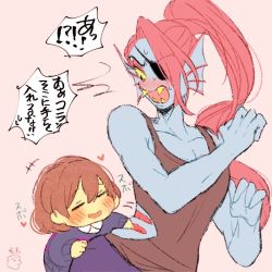 Rule 34 | 1girl, androgynous, blue skin, blush, brown hair, colored skin, eyepatch, flat color, frisk (undertale), gills, ponytail, red hair, translation request, undertale, undyne