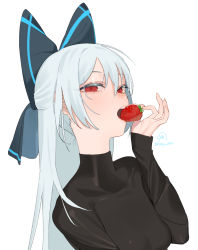 Rule 34 | 1girl, beijuu, bow, commentary, eating, female focus, food, fruit, girls&#039; frontline, hair between eyes, hair bow, long hair, long sleeves, looking at viewer, open mouth, red eyes, silver hair, simple background, solo, strawberry, symbol-only commentary, tokarev (girls&#039; frontline), twitter username, upper body, white background