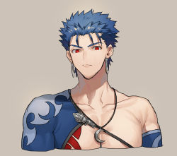 Rule 34 | 1boy, bad id, bad pixiv id, blue hair, chest tattoo, closed mouth, collarbone, cu chulainn (fate), cu chulainn (fate/stay night), cu chulainn (second ascension) (fate), earrings, expressionless, fate/grand order, fate (series), grey background, hair strand, highres, jewelry, looking at viewer, male focus, neck, necklace, none (kameko227), official alternate costume, red eyes, simple background, single bare shoulder, solo, tattoo