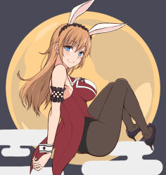 Rule 34 | 1girl, animal ears, bare shoulders, black pantyhose, blue eyes, charlotte e. yeager, fake animal ears, high heels, leotard, long hair, looking at viewer, momiji7728, moon, orange hair, pantyhose, playboy bunny, rabbit ears, sitting, smile, solo, strike witches, world witches series, wrist cuffs