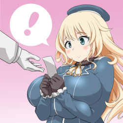 Rule 34 | !, 1boy, 1girl, admiral (kancolle), atago (kancolle), beret, black gloves, blonde hair, blue eyes, blush, breasts, gloves, gradient background, hat, huge breasts, kantai collection, long hair, pink background, roah, speech bubble, spoken exclamation mark, white gloves