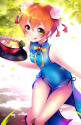 Rule 34 | 1girl, bare arms, bare shoulders, blue dress, breasts, china dress, chinese clothes, covered navel, dress, eyes visible through hair, flower, food, hair between eyes, hair flower, hair ornament, highres, holding, holding food, hoshizora rin, leaf, licking lips, looking at viewer, love live!, love live! school idol festival, love live! school idol project, noodles, orange hair, ramen, rose, short hair, side slit, small breasts, smile, solo, squchan, tongue, tongue out, white flower, white rose, yellow eyes