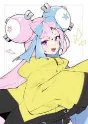 Rule 34 | 1girl, bow-shaped hair, character hair ornament, creatures (company), game freak, hair ornament, highres, iono (pokemon), jacket, long hair, low-tied long hair, mokokoiro, multicolored hair, nintendo, oversized clothes, pink eyes, pink hair, pokemon, pokemon sv, sharp teeth, sleeves past fingers, sleeves past wrists, solo, teeth, twintails, two-tone hair, very long hair, very long sleeves, yellow jacket