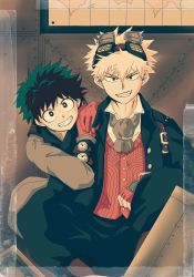 Rule 34 | 2boys, bakugou katsuki, blonde hair, boku no hero academia, fingerless gloves, freckles, gloves, goggles, goggles on head, green hair, grin, hand on another&#039;s shoulder, highres, looking at viewer, male focus, midoriya izuku, multiple boys, no control, red eyes, red gloves, sitting, smile, spiked hair, steampunk, tape, watch, wristwatch