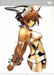 Rule 34 | 1girl, armband, bare shoulders, bdsm, bondage, bound, breasts, brown eyes, brown hair, cuffs, hat, highres, large breasts, nagi ryou, profile, s.e.c 01 specular reflection, shiny clothes, short hair, sleeveless, solo, underboob