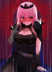 Rule 34 | 1girl, absurdres, belt, black cape, black dress, black legwear, blunt bangs, blush, breasts, cape, cleavage, dress, flying sweatdrops, highres, hololive, hololive english, large breasts, long hair, looking at viewer, loose belt, mori calliope, nose blush, pink hair, red eyes, shoulder spikes, solo, spikes, tears, tiara, veil, virtual youtuber, wanghua