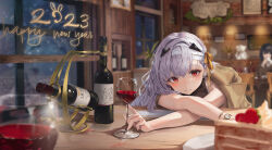 Rule 34 | 1girl, 2023, absurdres, alcohol, black horns, black shirt, blurry, bottle, brown coat, cake, chinese zodiac, closed mouth, coat, crossed arms, cup, depth of field, drinking glass, drunk, evening, food, goddess of victory: nikke, hair ribbon, happy new year, highres, horns, indoors, leaning forward, leviathan (hikinito0902), light blush, long hair, looking at viewer, mechanical horns, modernia (nikke), new year, open clothes, open coat, orange ribbon, red eyes, restaurant, ribbon, shirt, solo, table, upper body, white hair, wine, wine bottle, wine glass, wooden table, year of the rabbit