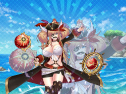 Rule 34 | 1girl, action taimanin, blonde hair, blue eyes, blue sky, breasts, cleavage, curvy, fang, hat, large breasts, lilith-soft, long hair, looking at viewer, miniskirt, ocean, official alternate costume, official art, onizaki kirara, open mouth, pirate costume, pirate hat, screencap, shiny clothes, shiny skin, simple background, skin fang, skirt, sky, solo, taimanin (series), twintails