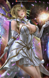 Rule 34 | blonde hair, blue eyes, breasts, cleavage, dress, elbow gloves, elementalist lux, gloves, indoors, large breasts, league of legends, lexaiduer, light elementalist lux, looking at viewer, low neckline, lux (league of legends), magic, photokinesis, signature, solo, stained glass, standing, tagme, tiara, wand, white dress, white gloves