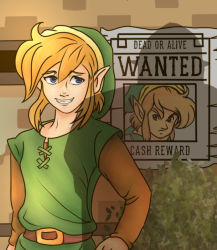 Rule 34 | 1boy, belt, blue eyes, brown hair, bush, elf, hand on own hip, hat, link, nervous smile, nintendo, pointy ears, poster, shadow, smile, standing, the legend of zelda, the legend of zelda: a link to the past, tunic, wanted