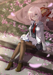 Rule 34 | 1girl, arm support, black pantyhose, boots, breasts, cherry blossoms, crossed legs, fate/grand order, fate (series), food, fou (fate), glasses, hair over one eye, hanami, high heel boots, high heels, highres, hood, hoodie, jushiliu, mash kyrielight, necktie, pantyhose, purple eyes, red necktie, sleeping, solo