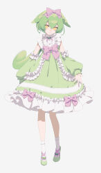 Rule 34 | 1girl, absurdres, bow, detached sleeves, dress, frilled dress, frills, full body, green dress, green footwear, green hair, hair between eyes, hair bow, highres, looking at viewer, puffy detached sleeves, puffy sleeves, rsk (tbhono), socks, solo, voicevox, white background, white socks, yellow eyes, zundamon