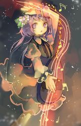 Rule 34 | 1girl, biwa lute, cha goma, flower, hair flower, hair ornament, highres, instrument, light purple hair, long hair, low twintails, lute (instrument), musical note, open mouth, purple eyes, solo, touhou, tsukumo benben, twintails