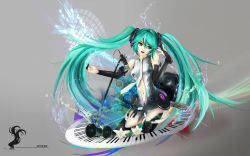 Rule 34 | 1girl, aqua hair, blue eyes, bridal gauntlets, female focus, flower, full body, gradient background, hatsune miku, hatsune miku (append), highres, long hair, microphone, microphone stand, navel, necktie, open mouth, piano keys, solo, speaker, thighhighs, twintails, ushas, very long hair, vocaloid, vocaloid append, wallpaper