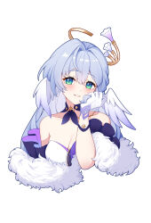 Rule 34 | 1girl, absurdres, bare shoulders, blue hair, blush, breasts, cleavage, dress, feather boa, ff2074, gloves, green eyes, hair intakes, halo, head wings, highres, holding, honkai: star rail, honkai (series), long hair, looking at viewer, medium breasts, parted lips, robin (honkai: star rail), simple background, smile, solo, strapless, upper body, white background, white dress, white gloves, wings
