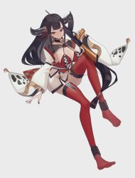 Rule 34 | 1girl, animal print, ankle cuffs, asaoki, bad id, bad pixiv id, black hair, black nails, bra, breasts, bridal gauntlets, cleavage, cow print, detached sleeves, earrings, full body, gun, highres, horn ornament, horn ribbon, horns, invisible chair, japanese clothes, jewelry, large breasts, long hair, long sleeves, looking at viewer, low-tied long hair, makeup, miniskirt, mole, mole on breast, nail polish, navel, re:act, red bra, red eyes, red ribbon, red thighhighs, ribbon, rifle, rope, sash, shimenawa, shrug (clothing), sitting, skirt, smile, solo, thighhighs, underwear, ushio tia, very long hair, virtual youtuber, weapon, weapon request, white skirt, wide sleeves