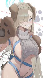 Rule 34 | 1boy, 1girl, absurdres, animal ears, animal hands, asuna (blue archive), blue archive, blue eyes, blue halo, blush, breasts, brown gloves, dog ears, dog paws, doodle sensei (blue archive), edible sus, fake animal ears, gloves, grey panties, grin, hair over one eye, halo, highres, huge breasts, large breasts, light brown hair, long hair, navel, panties, paw gloves, sensei (blue archive), sideboob, smile, underwear
