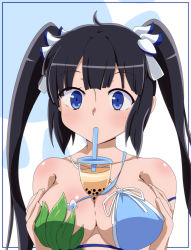 Rule 34 | 1girl, ahoge, bare shoulders, bell, between breasts, bikini, black hair, blue background, blue bikini, blue eyes, blue ribbon, blunt bangs, breasts, bubble tea, bubble tea challenge, cleavage, collarbone, cup, disposable cup, drinking, drinking straw, dungeon ni deai wo motomeru no wa machigatteiru darou ka, hair bell, hair ornament, hair ribbon, hands on own breasts, hestia (danmachi), highres, izuthree, large breasts, leaf bikini, long hair, looking at viewer, mouth hold, rei no himo, ribbon, shiny skin, sidelocks, solo, swimsuit, two-tone background, upper body, white background