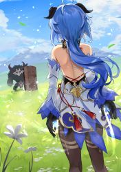 Rule 34 | 1girl, absurdres, ahoge, black gloves, black pantyhose, blue hair, blue sky, bow, flower, from behind, ganyu (genshin impact), genshin impact, gloves, grass, hair bow, highres, horns, landscape, long sleeves, mask, mikanoisi, monster, nature, pantyhose, shield, sky, standing, wooden shield